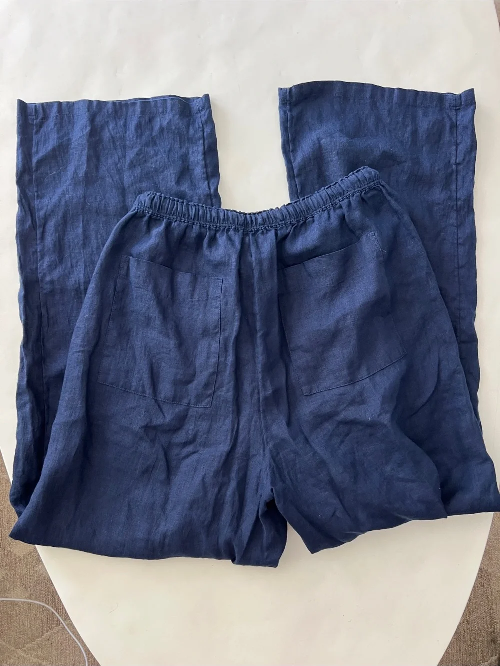 J. Crew Soleil Pant 100% Linen Pockets Drawstring Pull On Navy Blue Small $98